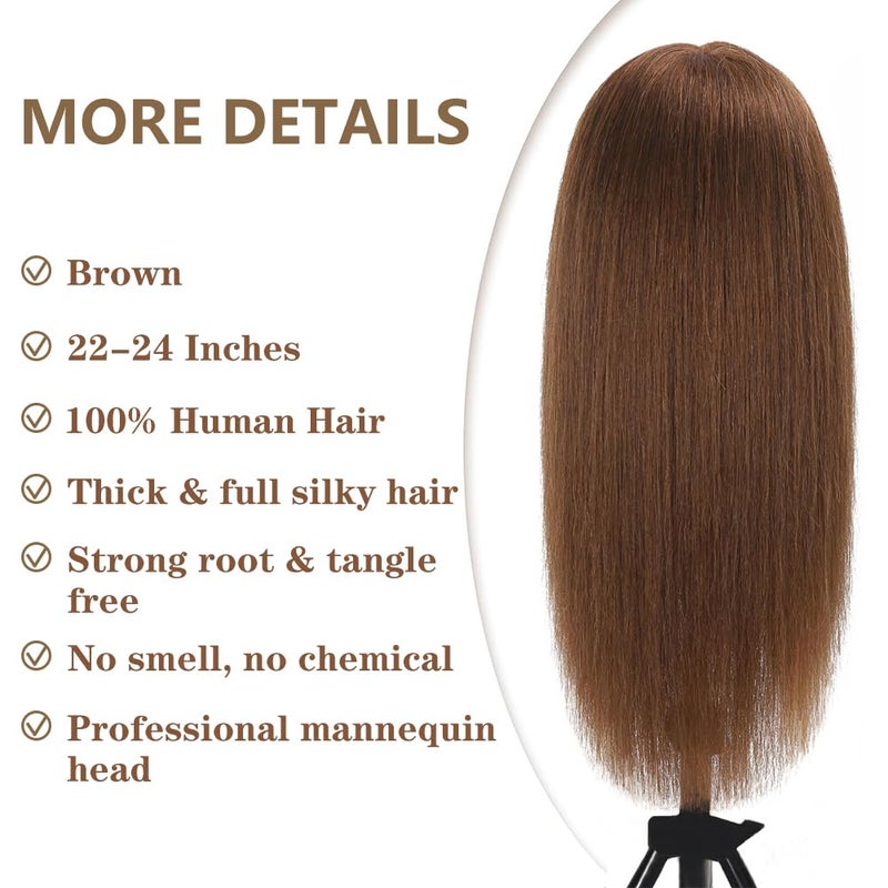 Opini Mannequin Head with 100% Real Human Hair Cosmetology Mannequin Head to Practice Hairstyles Doll Head Training Head for Hairdresser (Brown) - Image 3